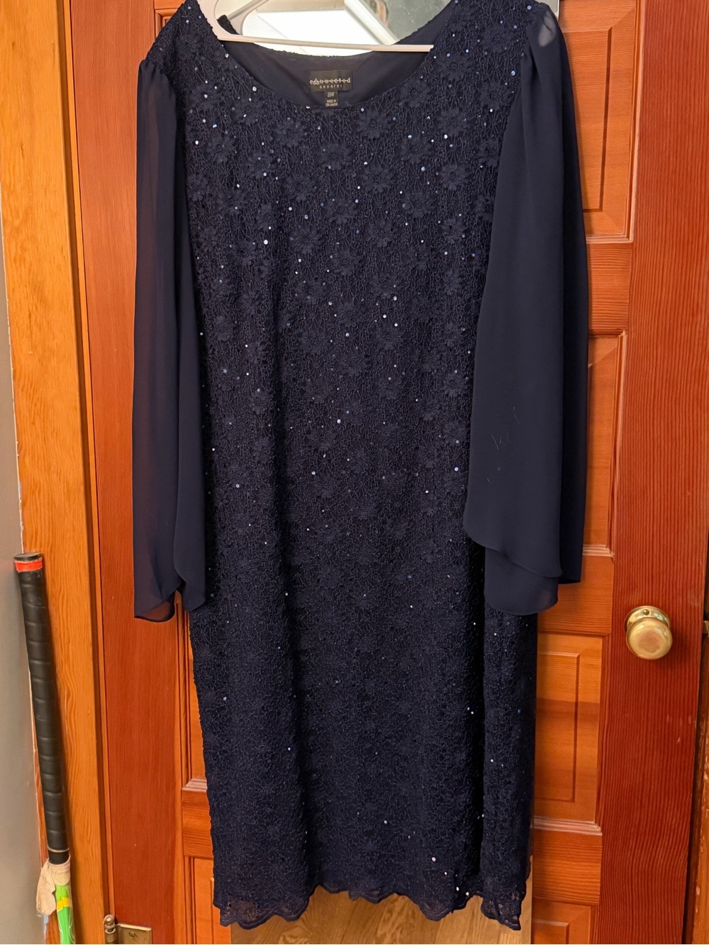 connected apparel Navy Sequin Lace Midi Dress with Sheer Sleeves